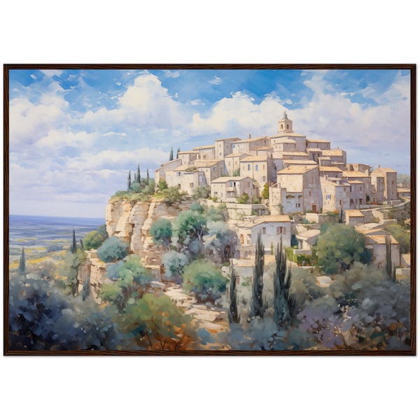 Peinture à l'huile Provence France Reproduction d'art de voyage Tableau Provence vintage prêt à accrocher Décoration murale Village de Gordes Tableau prêt à accrocher