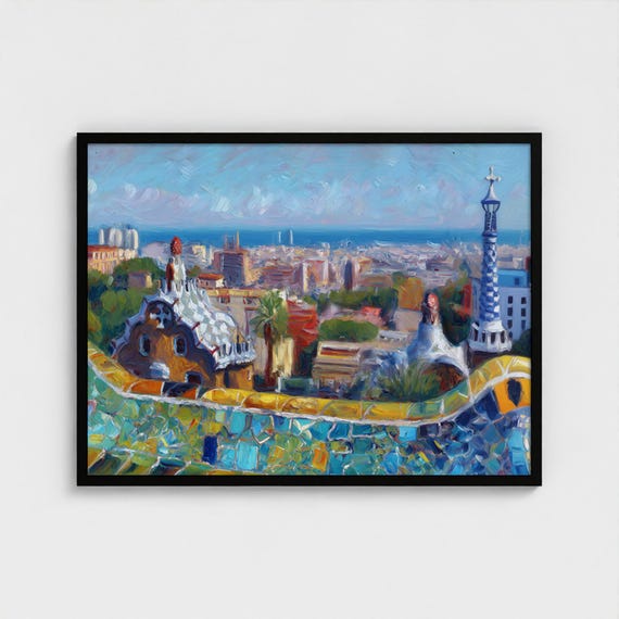 Oil Painting Barcelona Wall Art Painting Barcelona Park Guell Art Print Spain Barcelona Wall Art Impressionism Art Print Gaudi Park