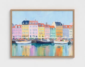 Copenhagen Habour Painting Art Print Denmark Cityscape Artwork Wall Decor for Travel Lover Ready to Hang Decor