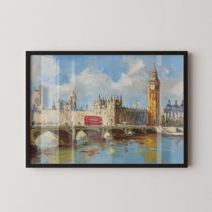Big Ben London Oil Painting Art Print  Westminster Bridge Thames River Wall Art London Red Double Decker Bus Framed Poster Painting Skyline