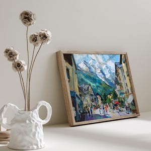France Mont Blanc Oil Painting Art Print Street of Chamonix Travel Print France Alps Wall Decor image 4