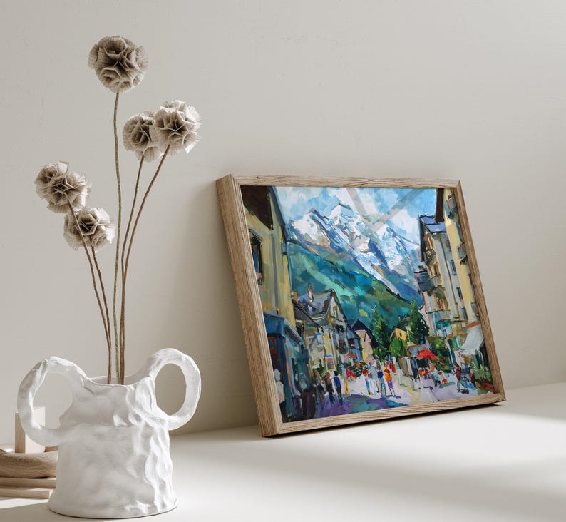 France Mont Blanc Oil Painting Art Print Street of Chamonix Travel Print France Alps Wall Decor image 4