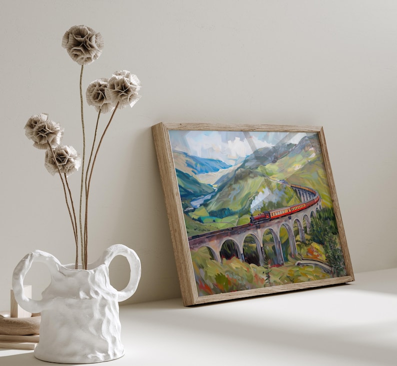 Scotland Highland Oil Painting Glenfinnan Viaduct Art Print Train Running through Scotland Nature Beauty Wall Decor Scotland Travel Gift image 5