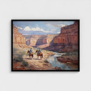 Pintura al óleo del oeste, arte mural del Gran Cañón, vaqueros a caballo, impresiones artísticas, paisaje montañoso del suroeste, arte mural para sala de estar, arte enmarcado