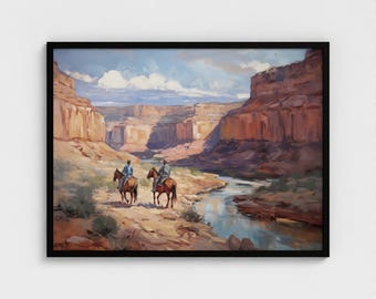 Western Oil Painting Grand Canyon Wall Art Cowboys on Horses Art Prints SouthWest Mountain Landscape Wall Art for Living Room Framed Art