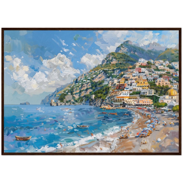 Peinture à l'huile de Positano, impression d'art sur la côte amalfitaine, peinture de paysage marin, décoration de salon art impressionniste prête à accrocher