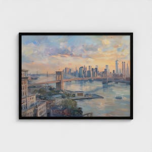 Pintura del atardecer en el puente de Brooklyn de Nueva York, impresión artística del horizonte de Manhattan, arte de pared del paisaje urbano de Nueva York, viaje a EE. UU., impresión artística enmarcada lista para colgar