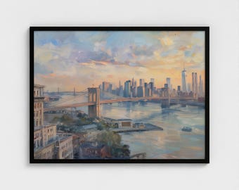 New York Brooklyn Bridge Sunset Painting Manhattan Skyline Art Print New York Cityscape Wall Art Travel USA Ready to Hang Framed Art Print