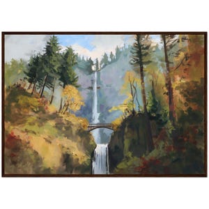 Multnomah Falls Oil Painting, National Park, Mountain Print, Autumn Multnomah Falls Nature Wall Decor Ready to Hang Wooden Frame Oregon Art