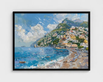 Peinture à l'huile de Positano, impression d'art sur la côte amalfitaine, peinture de paysage marin, décoration de salon art impressionniste prête à accrocher