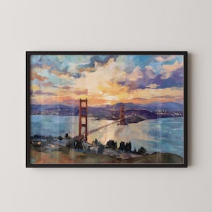 San Francisco Golden Gate Painting Art Print California Sunset San Francisco Cityscape Wall Art USA Ready to Hang Framed Art Print