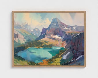 May include: A framed landscape painting depicting a turquoise alpine lake nestled beneath towering, jagged mountain peaks. The scene features visible brushstrokes in shades of blue, green, purple, and gold, capturing a vast mountain range.