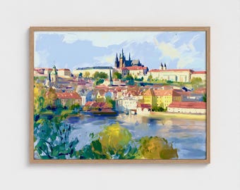 Prague Castle Painting Art Print Czech Republic Cityscape Impressionism European City Scene Wall Decor for Travel Lovers