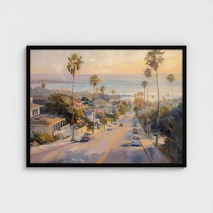 Pintura del acantilado del atardecer en San Diego, impresión artística de California, arte mural del paisaje urbano de San Diego, California, EE. UU., impresión artística enmarcada lista para colgar