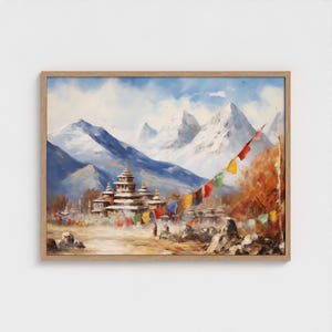 Mountain Majesty: Himalaya-gebergte met kloosterolieverfschilderij - Mount Everest-kunstdruk, kant-en-klaar muurdecor Cadeau bergliefhebber afbeelding 1