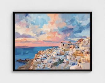 Santorini Painting Art Print Panoramic Santorini Impressionism Painting Blue Domed Churches Sunset Aegean Sea Greek Charm Wall Decor