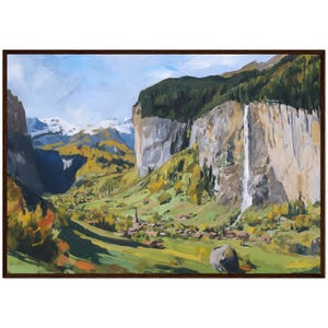 Oil Painting Switzerland Mountain Wall Art Swiss Alps Framed Poster Lauterbrunnen Valley Painting Travel Print Swiss Mountains Wall Art Gift