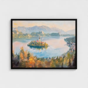 Dipinto del lago di Bled, Slovenia, stampa artistica del paesaggio, decorazione murale con natura tranquilla, dipinto del paesaggio del lago di Bled, pronto da appendere, arte murale