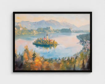 Lake Bled Painting Slovenia Landscape Art Print Tranquil Nature Wall Decor Lake Bled Landscape Painting Ready to Hang Wall Art