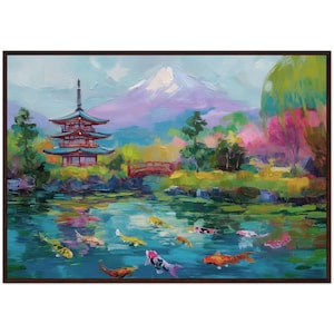 Mount Fuji Oil Painting Japanese Garden Mount Fuji Background  Painting Japan Pagoda Ready-to-Hang Koi Pond Garden Japanese Wall Decor
