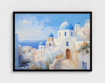 サントリーニ島の海景油絵：ギリシャの島の芸術、青い海（14-18分