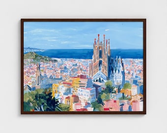 May include: A framed painting of a cityscape featuring a cathedral. The artwork uses a vibrant palette of blues, oranges, and reds, depicting buildings and a body of water under a blue sky. The frame is a dark brown colour.