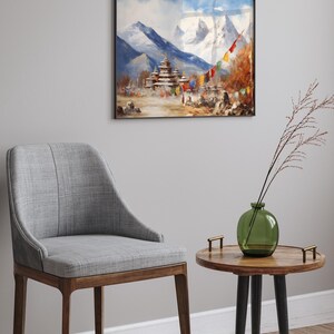 Mountain Majesty: Himalaya-gebergte met kloosterolieverfschilderij - Mount Everest-kunstdruk, kant-en-klaar muurdecor Cadeau bergliefhebber afbeelding 3