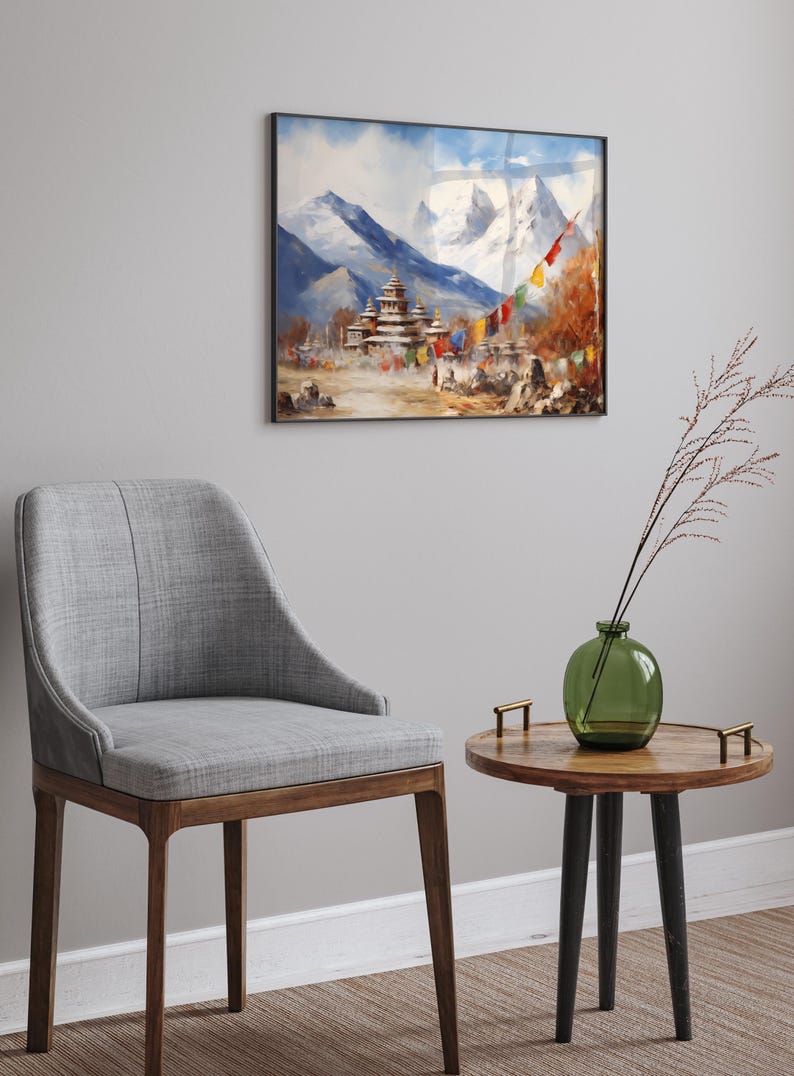 Mountain Majesty: Himalaya-gebergte met kloosterolieverfschilderij - Mount Everest-kunstdruk, kant-en-klaar muurdecor Cadeau bergliefhebber afbeelding 3