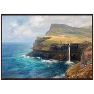 Dipinto a olio delle Isole Faroe, arte murale Denmakr, stampa artistica di scogliere marine, decorazione murale naturalistica, dipinto di cascata su scogliera pronto da appendere