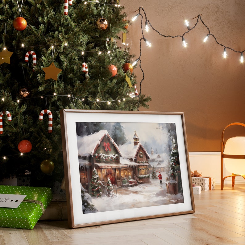 Vintage Christmas Street Oil Painting Festive Holiday Art Vintage