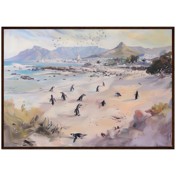 Cape Town South Africa Painting Penguins Art Print Boulders Beach Landscape Penguin Painting Ready to Hang Framed Art
