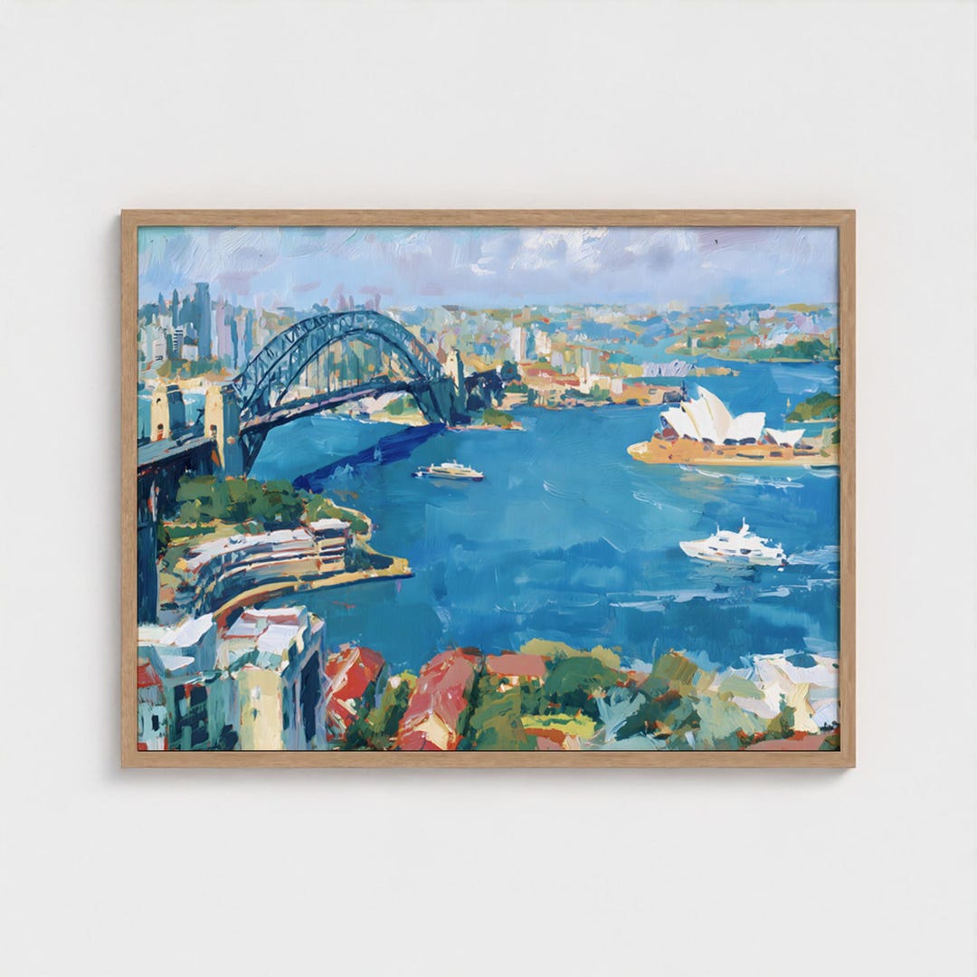 Sydney Harbor Oil Painting Art Print Sydney Opera House and Harbour Bridge Wall Decor Sydney Cityscape Wall Art Reay to Hang