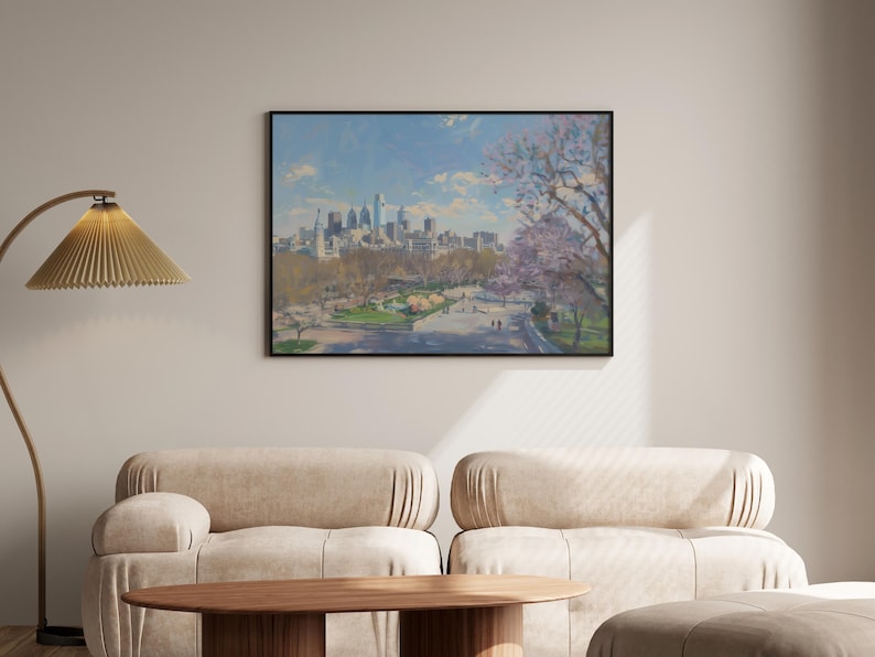 Philadelphia Skyline schilderij Philadelphia Skyline Art Print USA Pennsylvania schilderij Philadelphia Cityscape klaar om op te hangen muurkunst ingelijst afbeelding 6