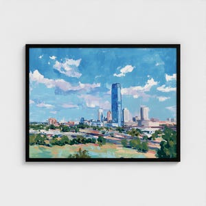 May include: An acrylic painting of a cityscape with a bright blue sky filled with fluffy white clouds. The artwork features a tall, modern skyscraper as the focal point, surrounded by other buildings and green trees.
