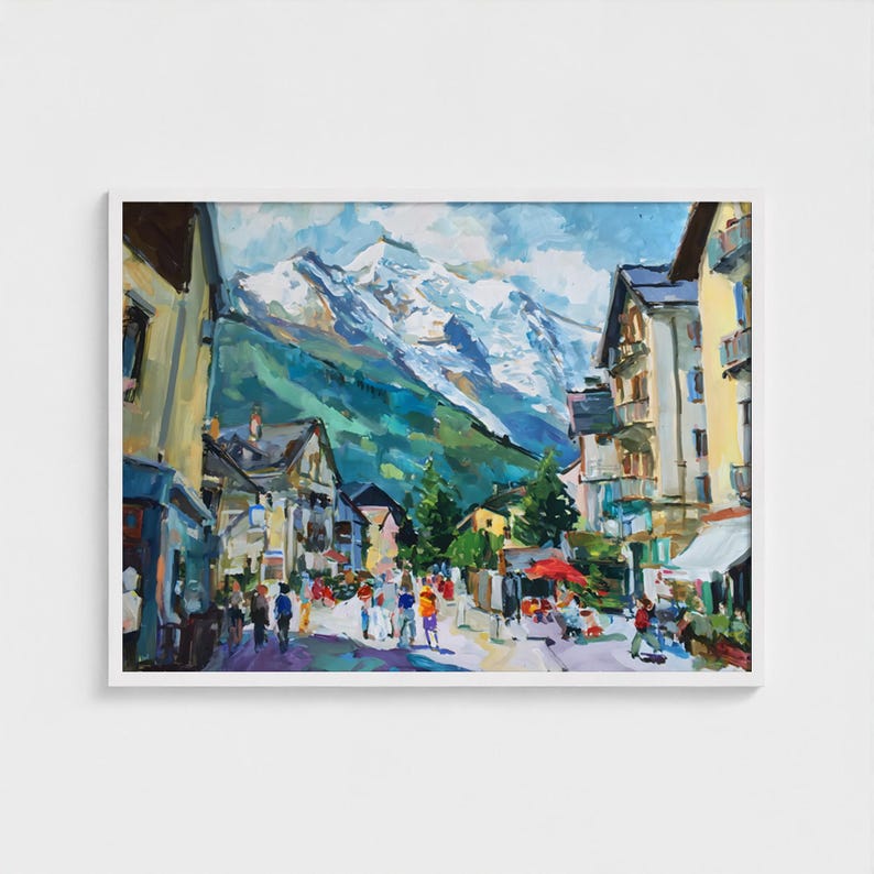 France Mont Blanc Oil Painting Art Print Street of Chamonix Travel Print France Alps Wall Decor image 7