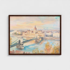 Pintura de Budapest, impresión artística de Hungría, pintura de paisaje de ciudad europea, lista para colgar, decoración de pared para amantes de los viajes, paisaje de Hungría vibrante