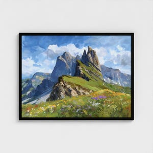 Pintura de la cresta de Seceda, Dolomitas, Alpes italianos, impresión artística, decoración de pared, cordillera de las Dolomitas, lista para colgar