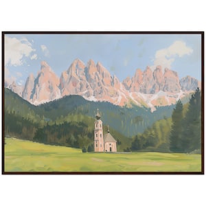 Dolomites Painting Italy Alps Art Print Dolomitic Alps Wall Decor Church nested in Dolomite Mountains Painting Ready to Hang Wall Decor