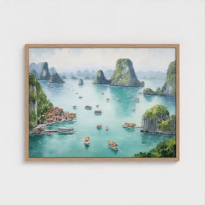 Pintura al óleo de la bahía de Ha Long, Vietnam. Impresión artística de la isla de la bahía de Ha Long. Arte mural de la bahía de Ha Long, Vietnam. Decoración de pared de la isla de la bahía de Ha Long.