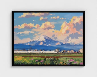 Mount Fuji schilderij Art Print Japanse Shinkansen Mount Fuji achtergrond schilderij Tokyo Japan landschapsschilderij kant-en-klaar muurdecor