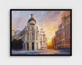 Oil Painting Madrid Wall Art Painting Spain Madrid Gran Via Street Art Print Spain Madrid Wall Art Impressionism Art Metropolis Building