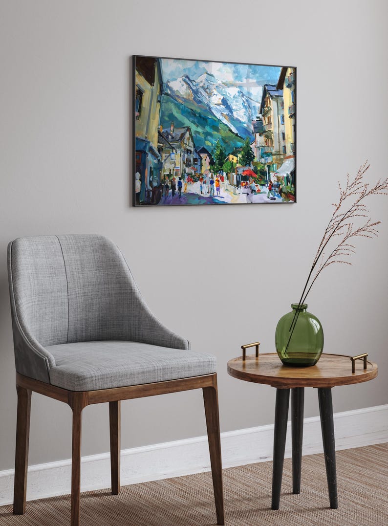 France Mont Blanc Oil Painting Art Print Street of Chamonix Travel Print France Alps Wall Decor image 5