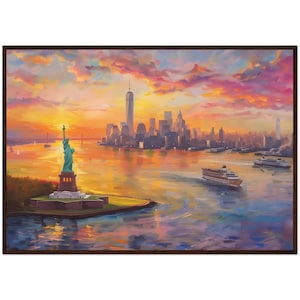 Statua della Libertà di New York Tramonto Dipinto Skyline di Manhattan Stampa artistica Paesaggio urbano di New York Arte murale Viaggio USA Pronta da appendere Stampa artistica incorniciata