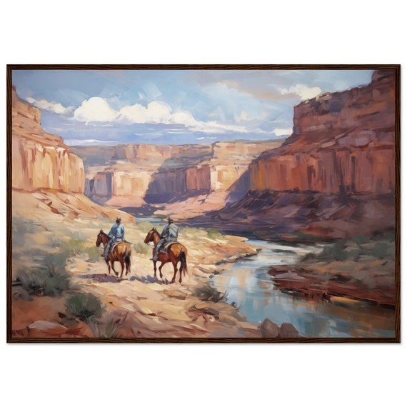 Western Oil Painting Grand Canyon Wall Art Cowboys on Horses Art Prints SouthWest Mountain Landscape Wall Art for Living Room Framed Art