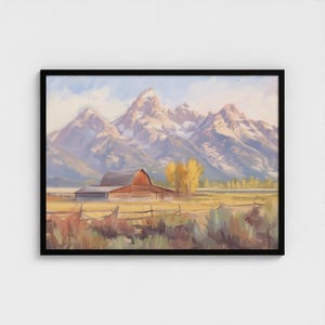 Pintura del Parque Nacional Grand Teton, decoración del oeste, impresión de montaña, decoración de pared natural, pintura de granero Moulton, decoración de pared de montaña Grand Teton