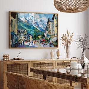 France Mont Blanc Oil Painting Art Print Street of Chamonix Travel Print France Alps Wall Decor image 2