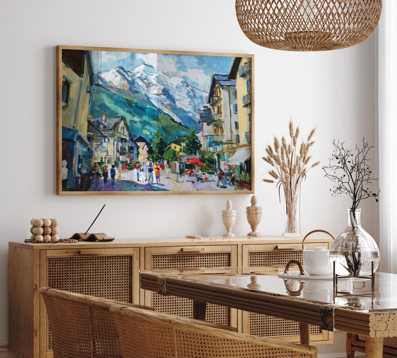 France Mont Blanc Oil Painting Art Print Street of Chamonix Travel Print France Alps Wall Decor image 2