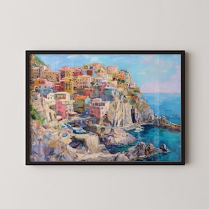 Cinque Terre Oil Painting Art Italy Manarola Village Art Print Cinque Terre Art Print Seascape Painting, Impressionist Art Living Room Decor
