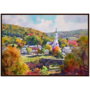 Schließen Sie die ruhige ländliche Kleinstadt Gemälde von Herbst in New England New England Wandkunst von Conneticut, USA, fertig zum Aufhängen