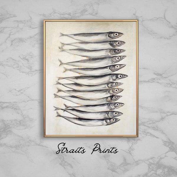 Oil Painting Sardines Printable Download French Kitchen Art Sardines for Restaurant Wall Decor Still Life Oil Painting Download